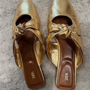 Zara Metallic Gold Knotted Mule Slides